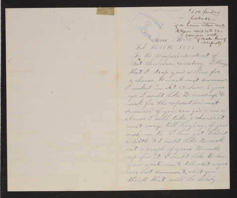 Letter: Jos. W. Johnson to Superintendent, 1883 (page 1)