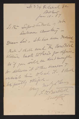 1887-01-10 Bowditch Statue: Letter from T. H. Bartlett, Sculptor, to Superintendent, shipping Statue to Paris, 2014.020.010-003