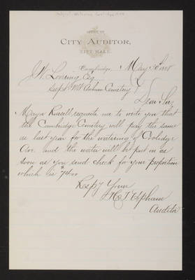 Letter: H. T. Upham, Cambridge City Auditor, to J. W. Lovering, 1888 May 30