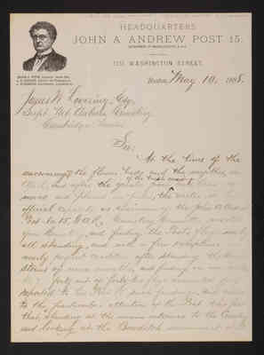 Letter: William K. Spring, Post 15 G.A.R. to James W. Lovering, 1888 May 10 (page 1)