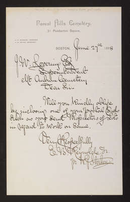 1888-06-27 Letter: E. B. Reynolds Jr., Forest Hills Cemetery, requesting postal cards, 2014.020.011-009