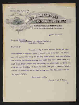 1888-08-09 Letter: Joseph Breck & Sons to J. W. Lovering, Lawn Mower Trouble, 2014.020.011-012