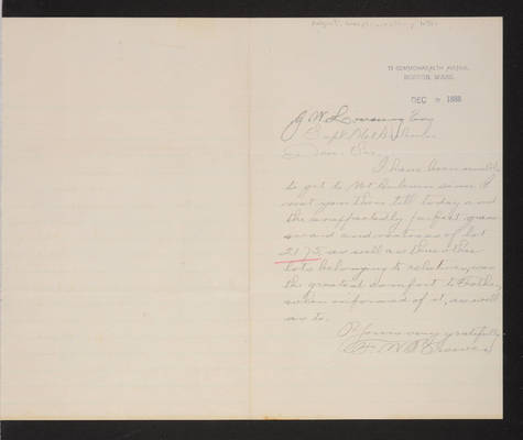 1888-12-08 Letter: F. W. Brewer to J. W. Lovering, "Complimentary letter," 2014.020.011-014