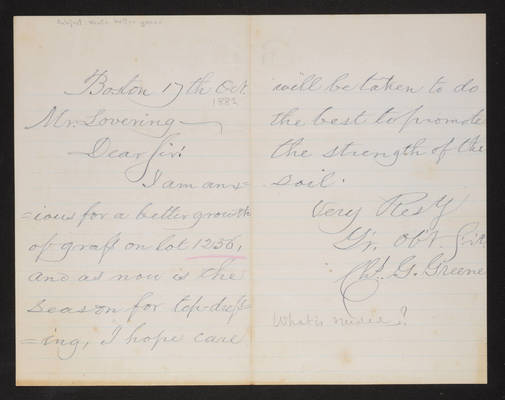 1882-10-17 Letter: Chs. G. Greene to J. W. Lovering, "wants better grass