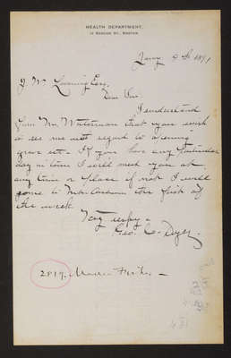 1891-01-09 Letter: George C. Dyer, Boston Health Department, to J. W. Lovering, 2014.020.014-001