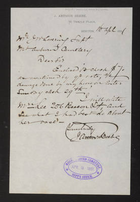 Letter: J. Arthur Beebe to J. W. Lovering, 1891