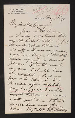 1891-05-02 Letter: D. R. Whitney to Mr. Lovering, resodding every 6 or 7 years, 2014.020.014-008