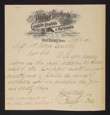 1891-09-08 Letter: Badger Bros. Granite Dealers & Machinists to Superintendent, location of Longfellow monument, 2014.020.014-013