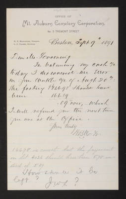 1891-09-09 Letter: H. B. MackIntosh to Mr. Lovering [Superintendent], office error, 2014.020.014-014