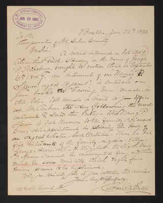Letter: Chas. O. Eaton to the Corporation of Mt. Auburn, 1892 January 22