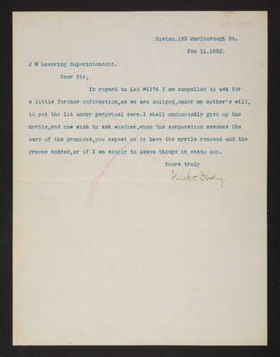 1892-02-11 Letter: Hasket Derby to J. W. Lovering, "myrtle graves," 2014.020.015-006