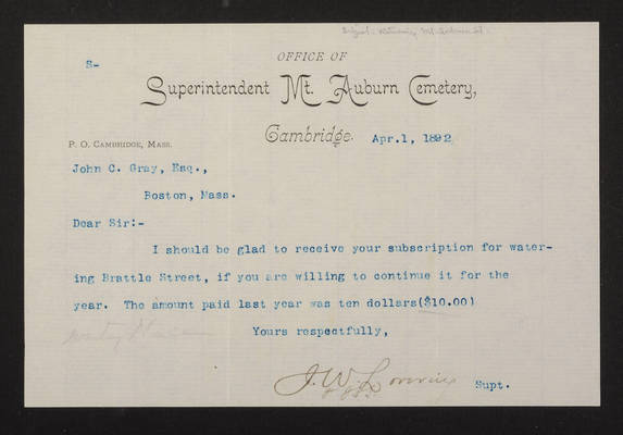 1892-04-01 Letter: J. W. Lovering to John C. Gray, "watering Brattle Street," 2014.020.015-009