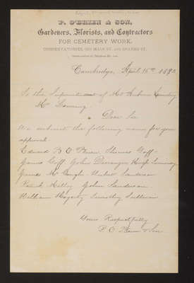 1892-04-16 Letter: P. O'Brien & Son to Mr. Lovering, "Itinerant Cemetery Worker," 2014.020.015-010