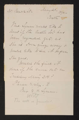 Letter: Mrs. G. H. Lyman to J. W. Lovering, 1892 May 28, "stamps" (page 1)