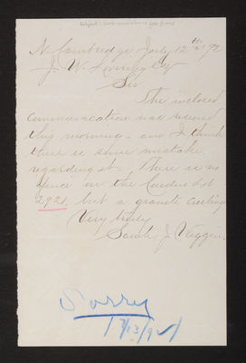 1892-07-12 Letter: Sarah J. Wiggin to J. W. Lovering,  Lot 2921, "curb mistaken for fence," 2014.020.015-013
