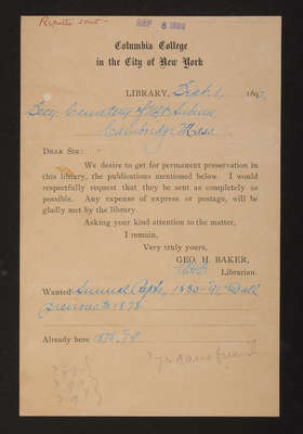 1892-09-01 Letter: Geo. H. Baker, Librarian Columbia College NY, requesting annual reports, 2014.020.015-014