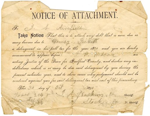 Notice of Attachment for Delinquent Taxes Against Demsy Pickett, 1890