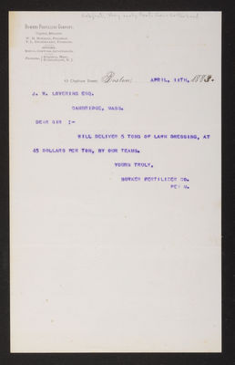 1883-04-11 Letter: Bowker Fertilizer company about lawn dressings