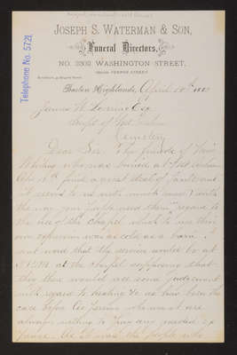 1883-04-14 Letter: Joseph S. Waterman & Son, Funeral Directors, to Lovering, complaint about cold Chapel, 2014.020.008-006