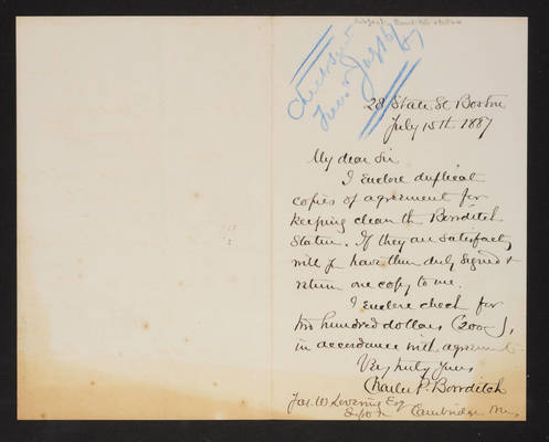 1887-07-15 Bowditch Statue: Letter from Charles P. Bowditch to Jas. W. Lovering, 2014.020.010-016