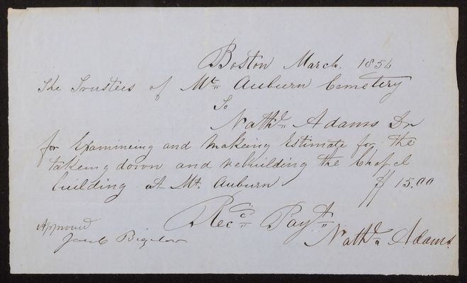 1854-03 Bigelow Chapel Invoice: Nathaniel Adams, 2021.010.003