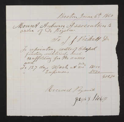 1860-06-06 Bigelow Chapel Invoice: Joseph J. Pickett, 2021.010.006