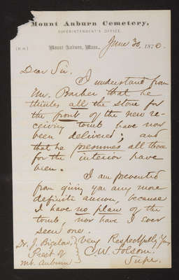 1870-06-30 Receiving Tomb: Letter from Folsom to Bigelow, 2021.011.003