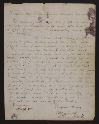 1855-11-27 Founding Document: Proprietor's Petition for a Conservatory, 2007.037.001