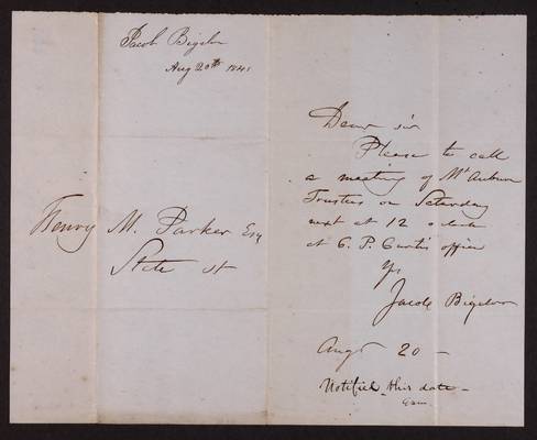 1845-08-20 Jacob Bigelow to Henry M. Parker, 1831.014.003-005