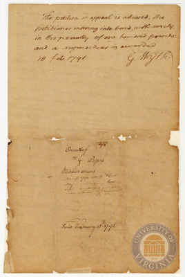 Case of Orandorf v. Welch with signatures of George Wythe and John Marshall, 1791;1795