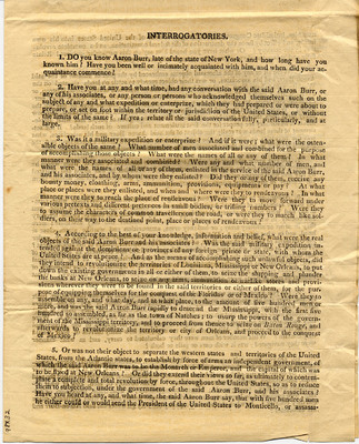 Circular containing questions concerning the Burr Conspiracy, 2 May 1807
