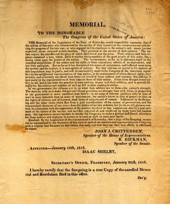 Resolution from Kentucky's Congress regarding payments to the widows and orphans of War of 1812 soldiers, 20 January 1816