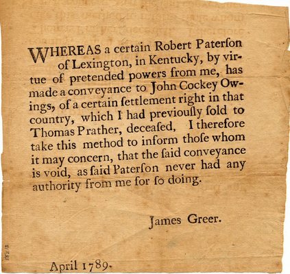 James Greer broadside, voiding a land transaction, April 1789.