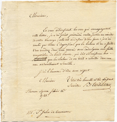 Letter from Barthelemi Tardiveau to St. John de Crevecoeur, 16 February 1788