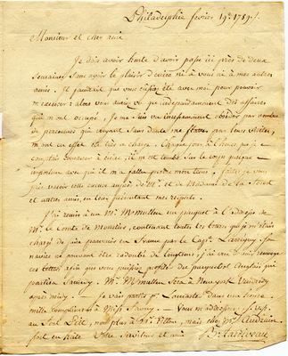 Letter from Barthelemi Tardiveau to St. John de Crevecoeur, 19 February 1789
